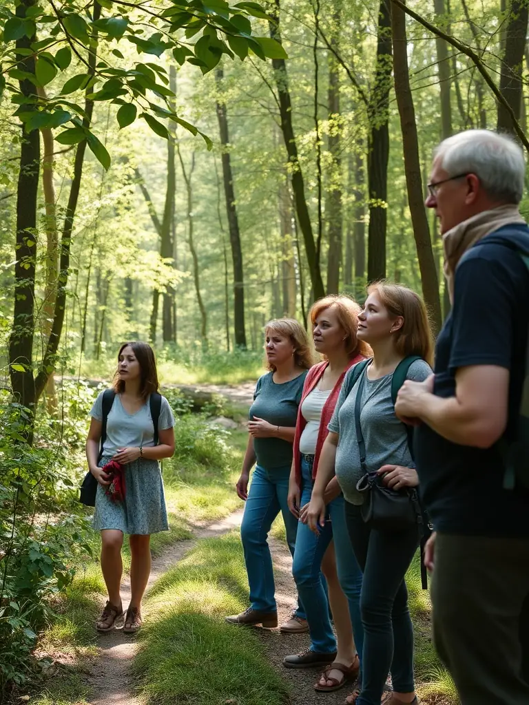 Participants of all ages engaging in a guided nature walk, learning about local flora and fauna, led by an experienced MOUSSAGES DEFI NATURE guide.
