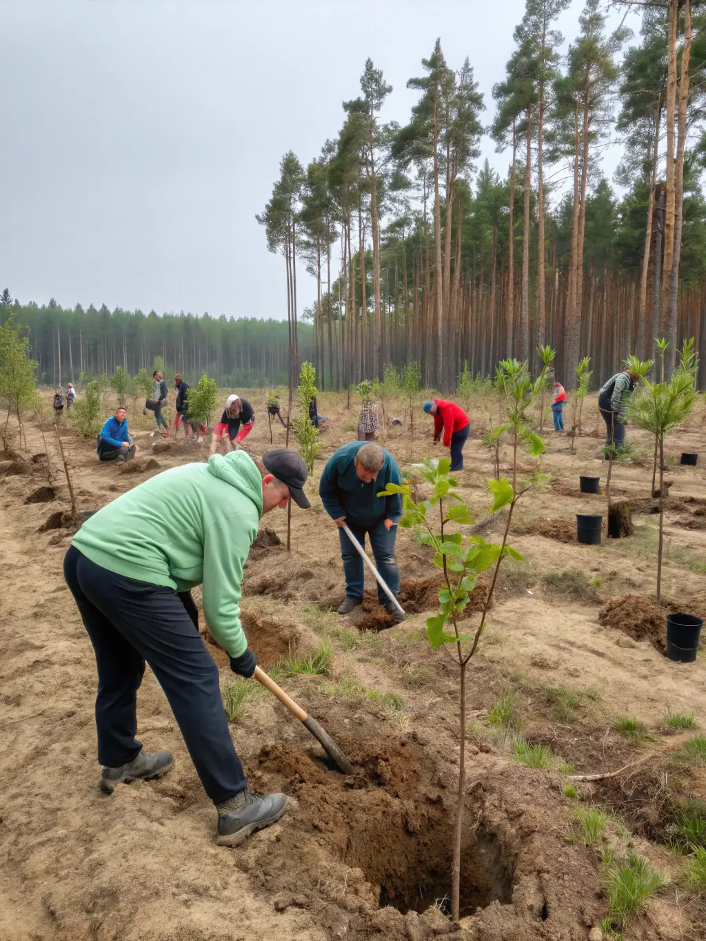 A scenic image of a group of volunteers planting trees in a deforested area, highlighting MOUSSAGES DEFI NATURE's commitment to environmental conservation.