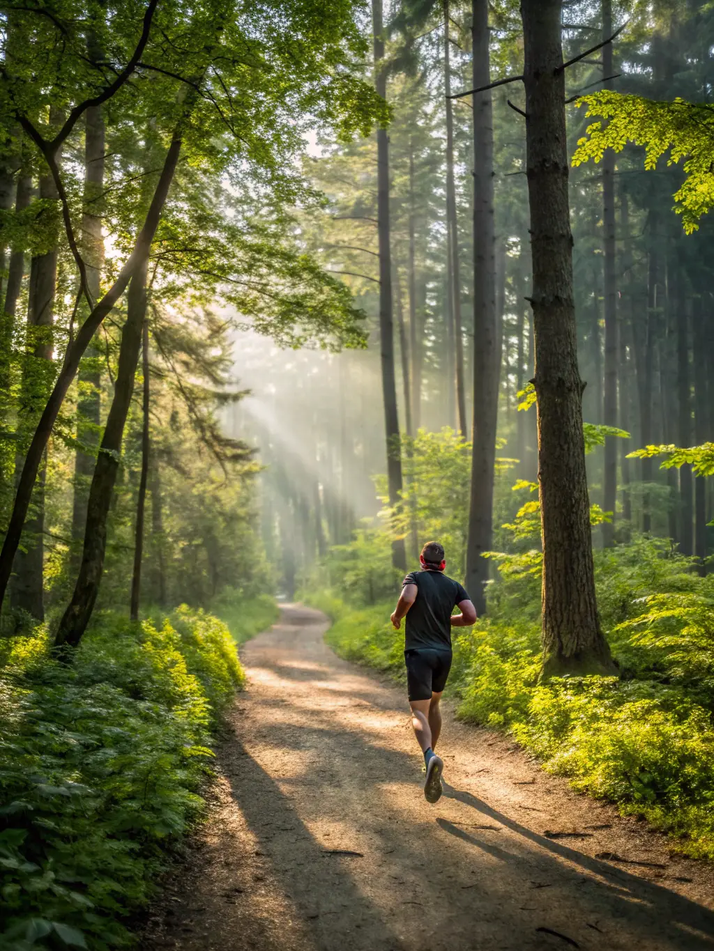 A group of diverse participants running through a forest trail during a MOUSSAGES DEFI NATURE race, showcasing the organization's commitment to inclusive outdoor activities.