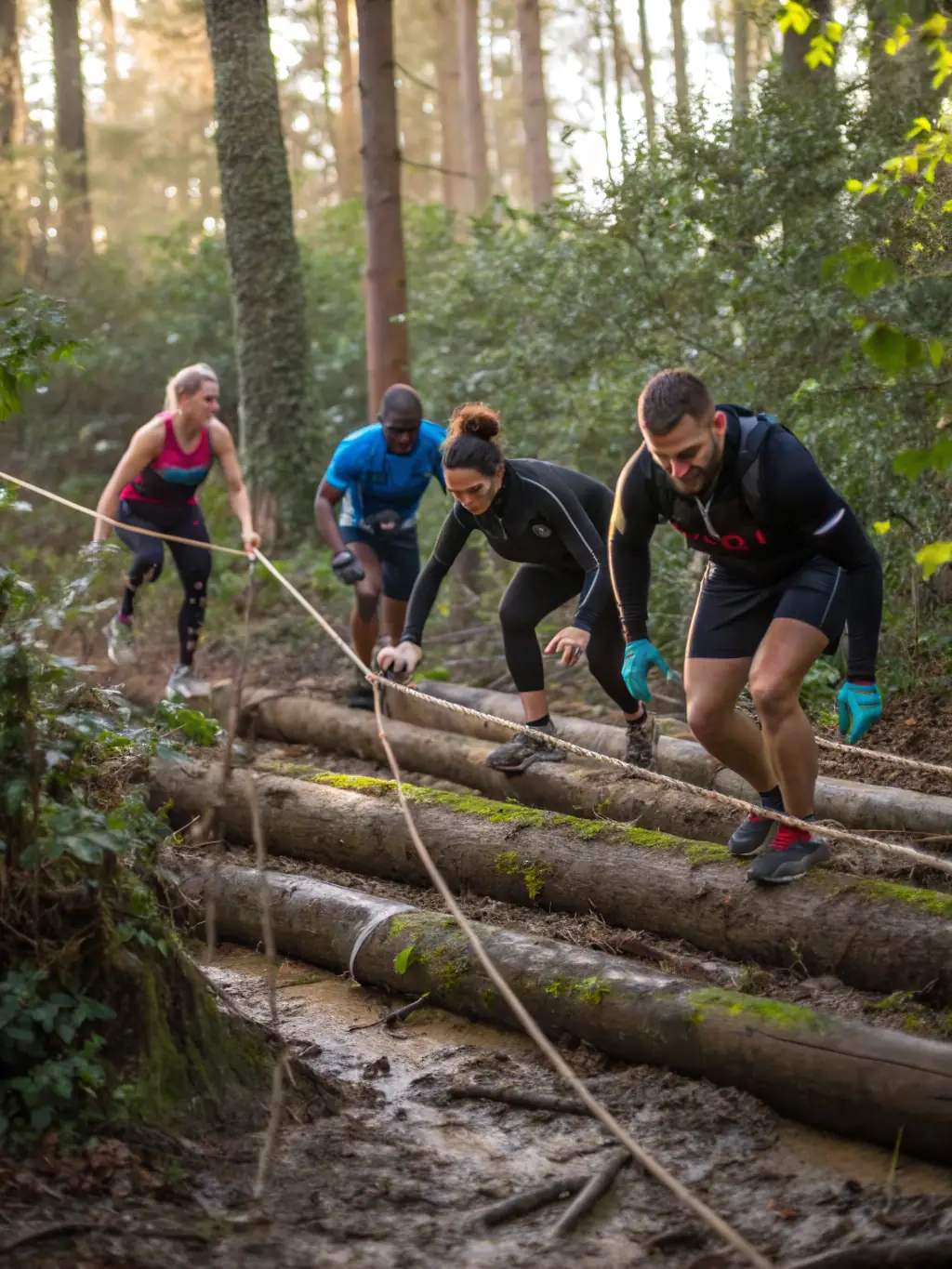 An inspiring image of participants navigating an obstacle course in a natural setting, promoting teamwork and physical fitness.