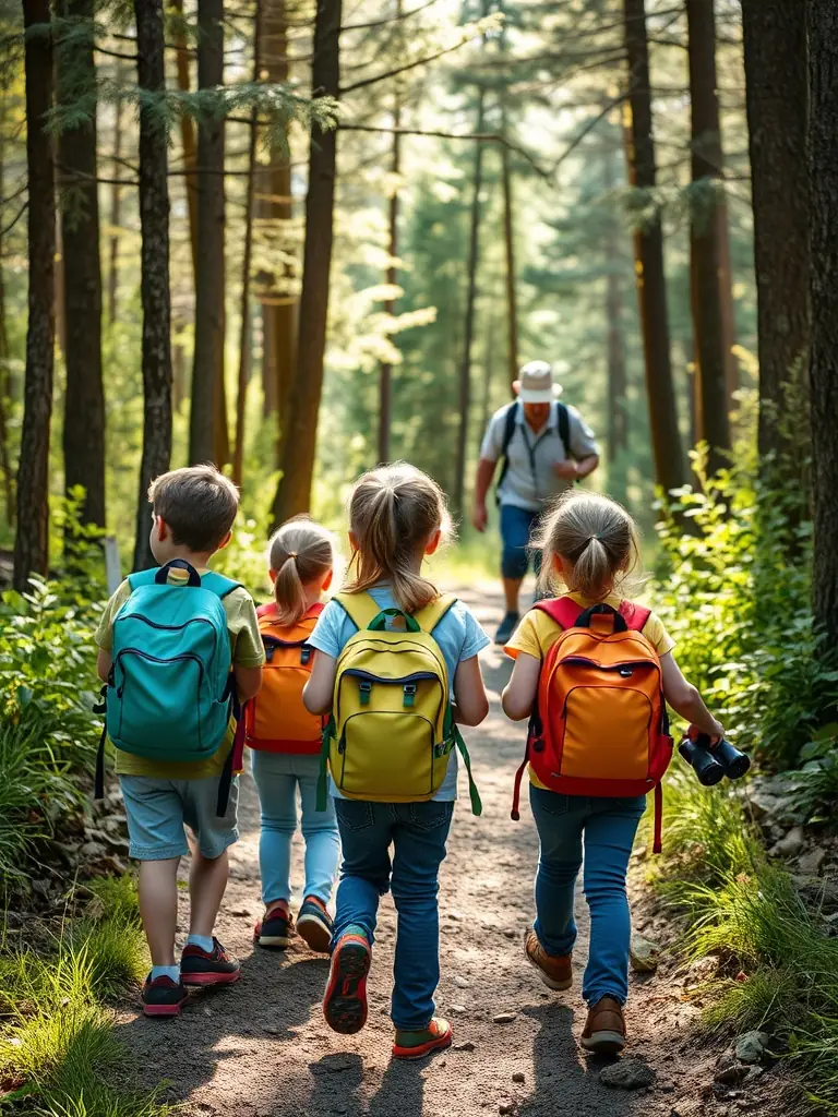 Children participating in an educational nature walk led by MOUSSAGES DEFI NATURE, highlighting the organization's focus on environmental education for youth.
