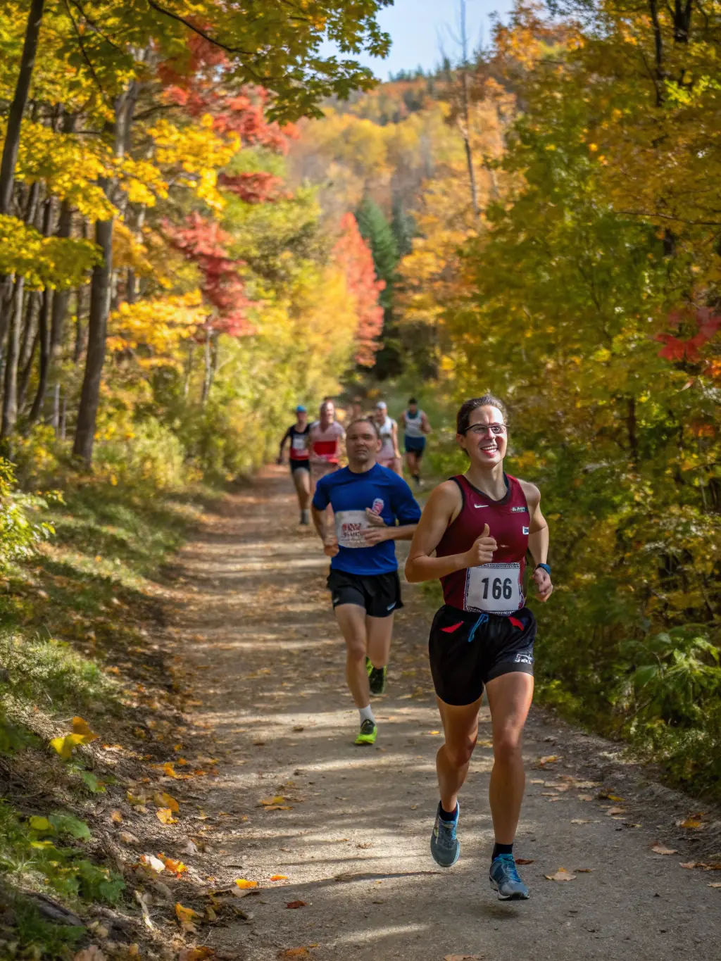 A group of diverse participants joyfully crossing a finish line during an inclusive trail race organized by MOUSSAGES DEFI NATURE, set against a backdrop of lush green forest.