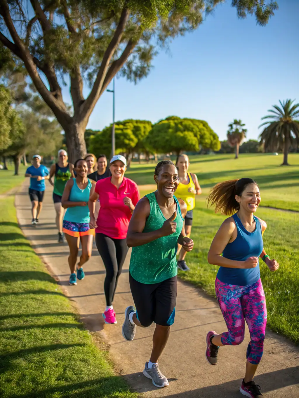 A vibrant photograph capturing participants of all ages running through a forest trail during a MOUSSAGES DEFI NATURE race, showcasing the energy and inclusivity of the event.