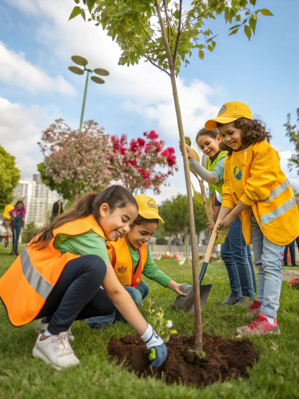 A group of children planting trees as part of a MOUSSAGES DEFI NATURE environmental awareness program, promoting sustainability and community involvement.