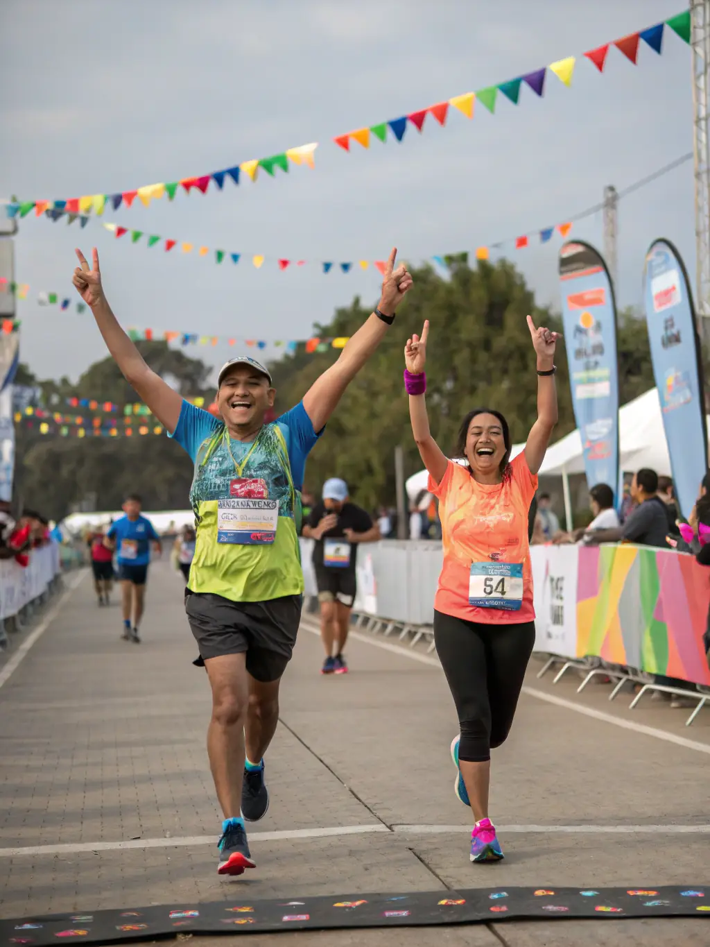 A group of diverse participants joyfully crossing a finish line during an inclusive trail race organized by MOUSSAGES DEFI NATURE, set against a backdrop of lush green forest.
