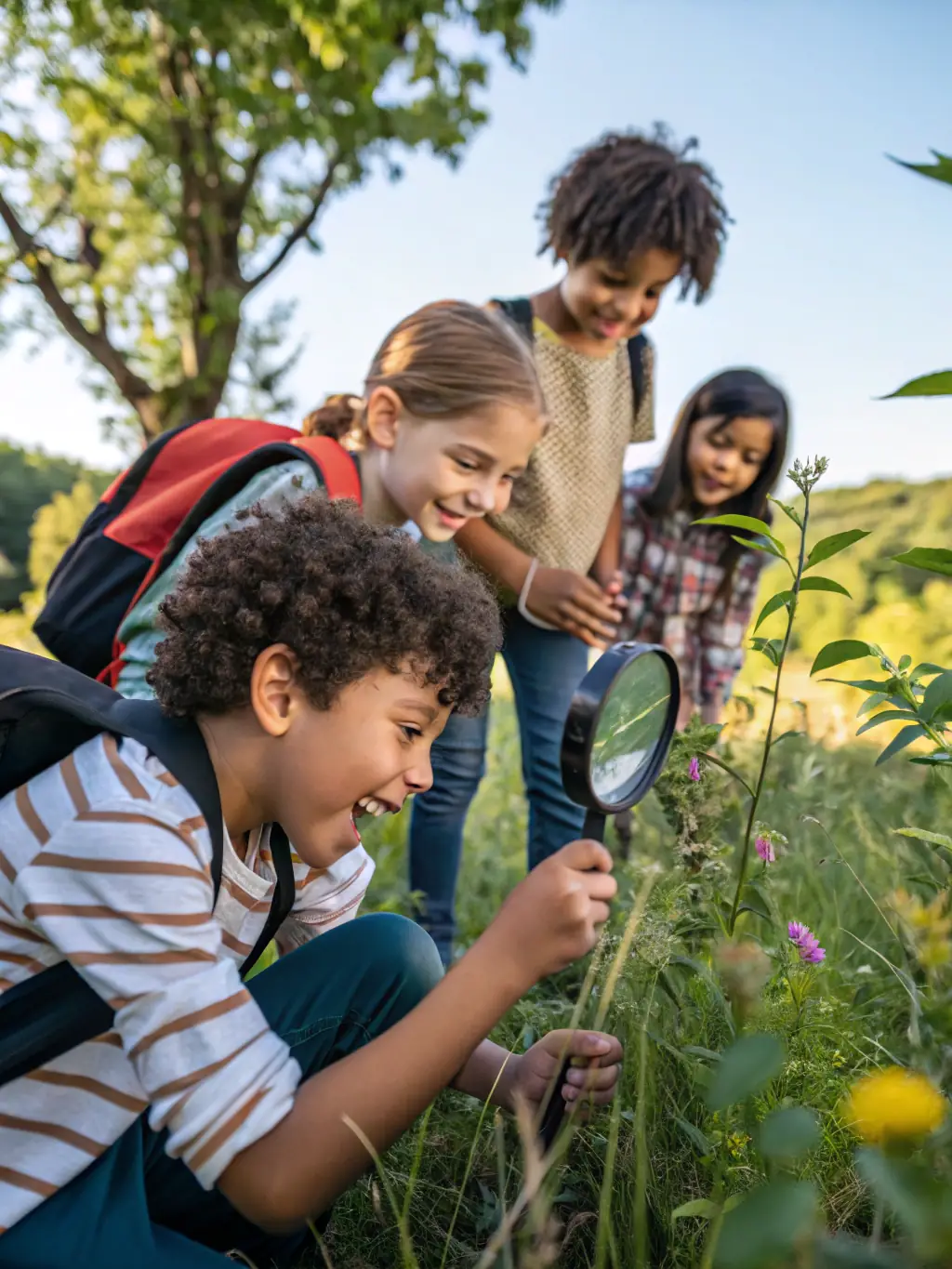 A heartwarming photo of children participating in a nature-based educational program, learning about local flora and fauna in a fun and interactive way.
