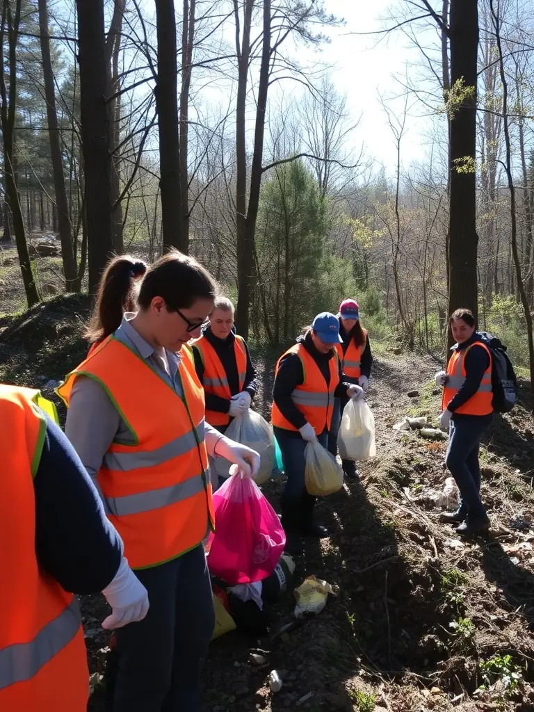 Volunteers assisting participants during a nature cleanup event organized by MOUSSAGES DEFI NATURE, emphasizing environmental awareness and community involvement.