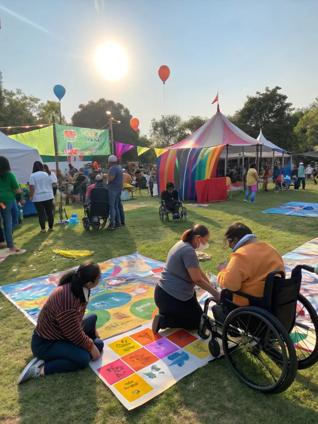 Volunteers assisting participants with disabilities during an outdoor activity organized by MOUSSAGES DEFI NATURE, showcasing the organization's commitment to inclusivity.