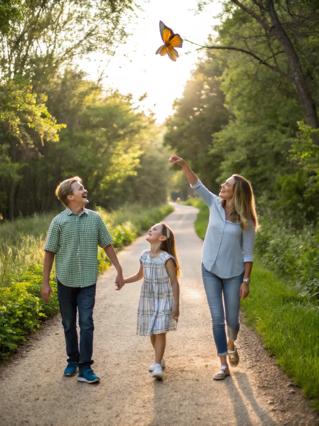A family participating in a nature walk led by a MOUSSAGES DEFI NATURE guide, exploring a local forest and learning about the native flora and fauna.