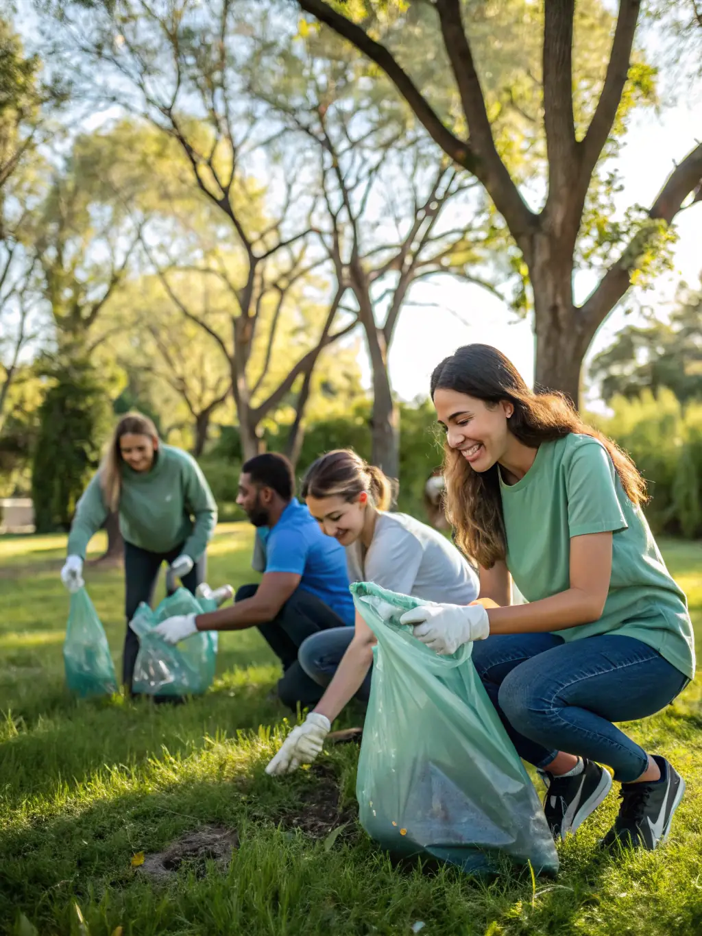 A group of volunteers working together to clean up a local park, collecting litter and planting trees as part of a MOUSSAGES DEFI NATURE environmental initiative.